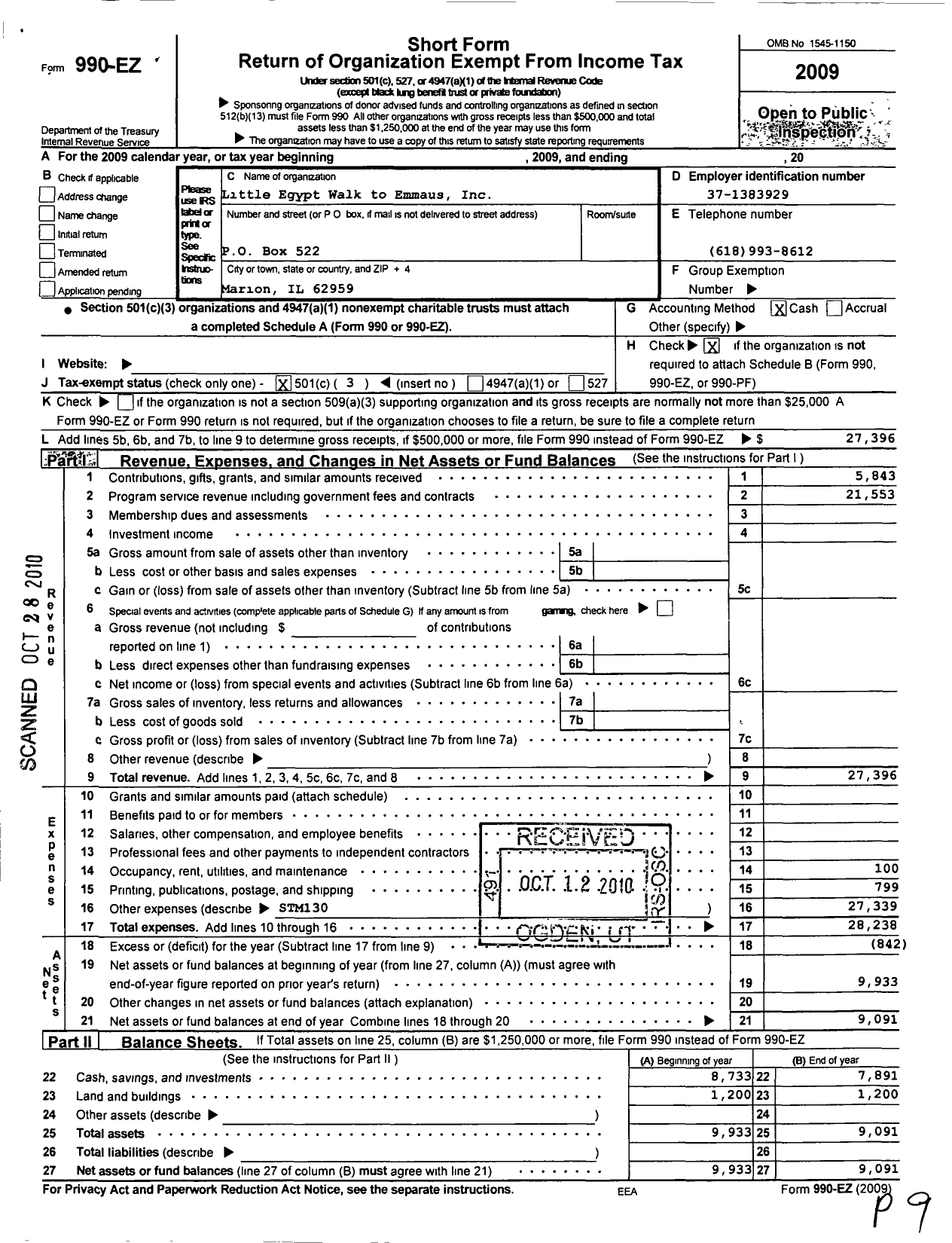 Image of first page of 2009 Form 990EZ for Little Egypt Walk To Emmaus