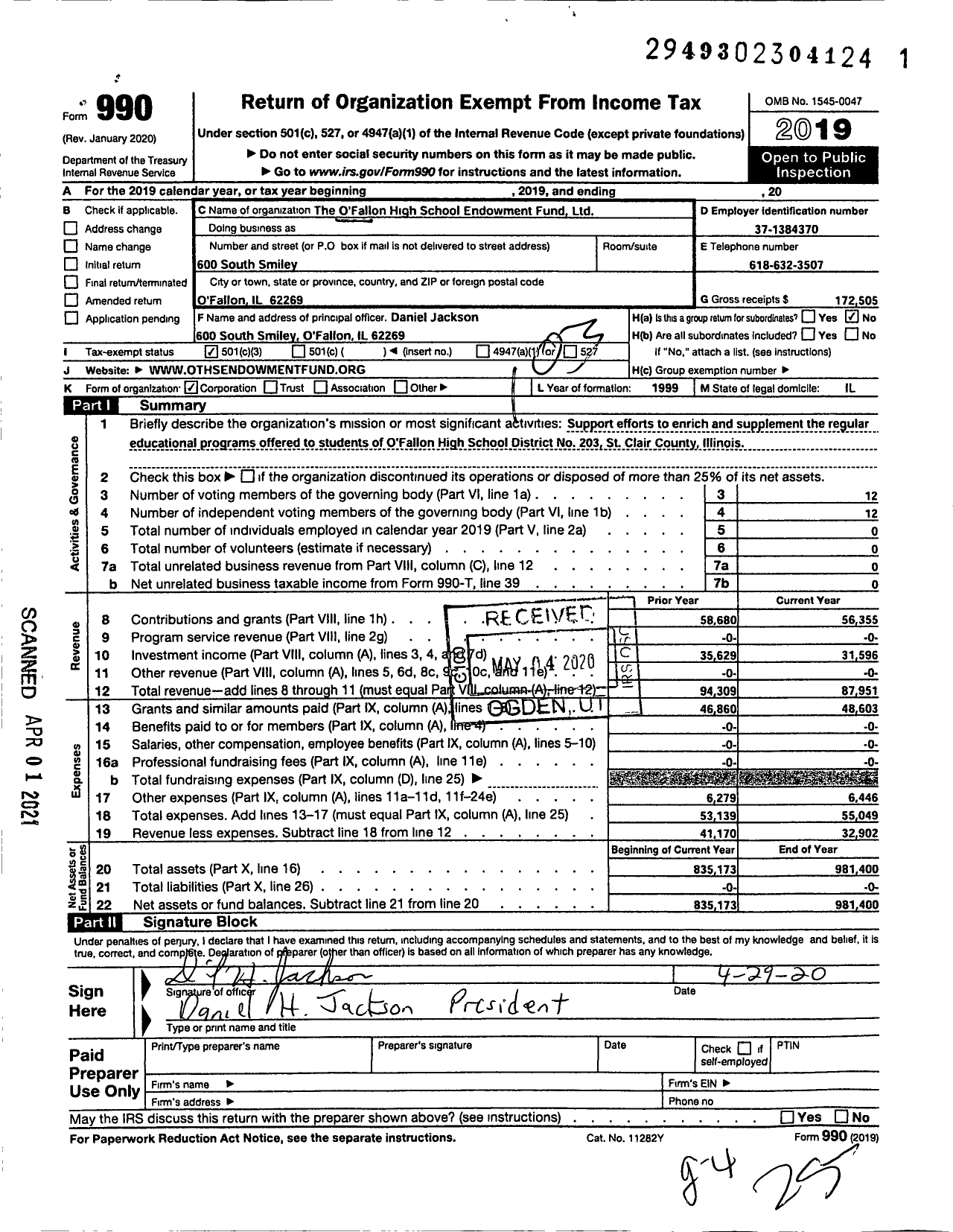 Image of first page of 2019 Form 990 for Ofallon High School Endowment Fund