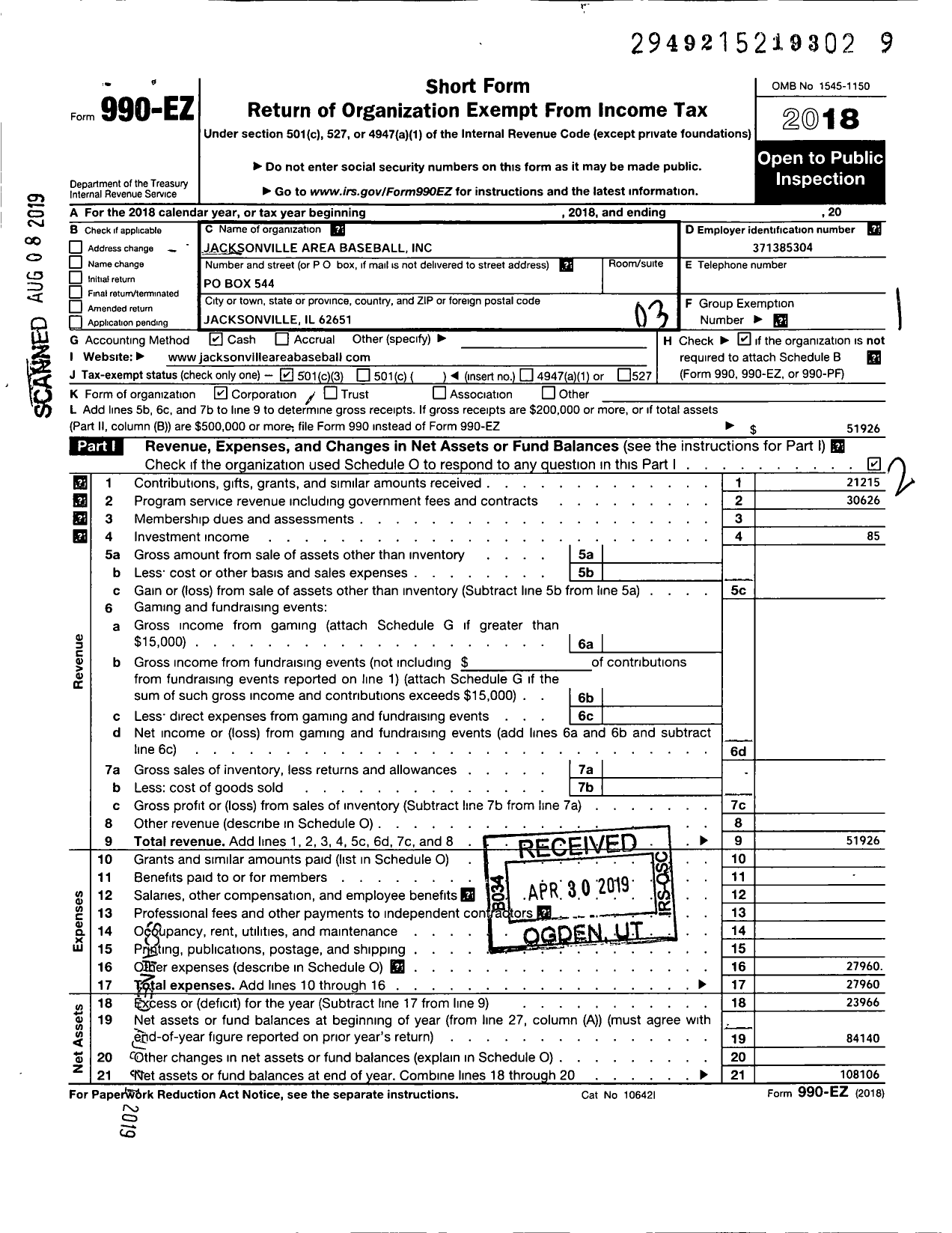 Image of first page of 2018 Form 990EZ for Jacksonville Area Baseball