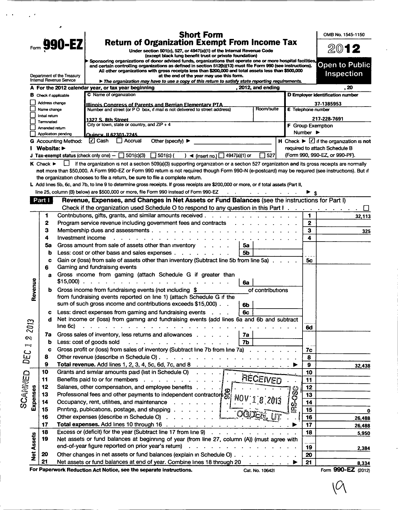 Image of first page of 2012 Form 990EO for Illinois PTA - Denman Elementary PTA