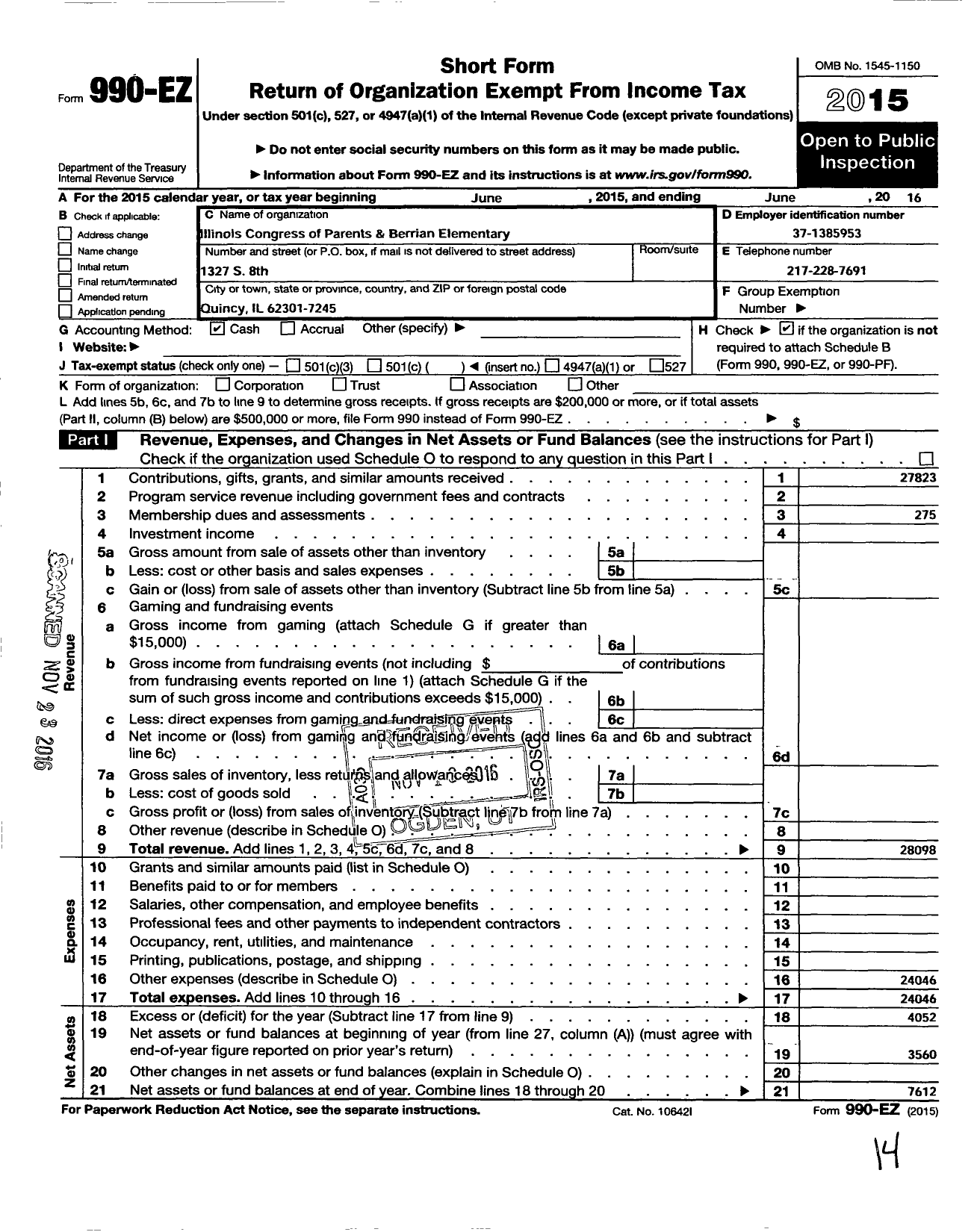 Image of first page of 2015 Form 990EO for Illinois PTA - Denman Elementary PTA