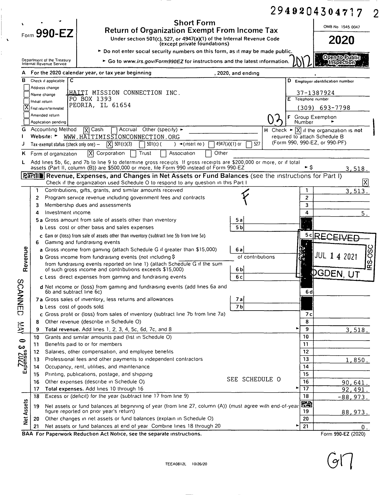 Image of first page of 2020 Form 990EZ for Haiti Mission Connection