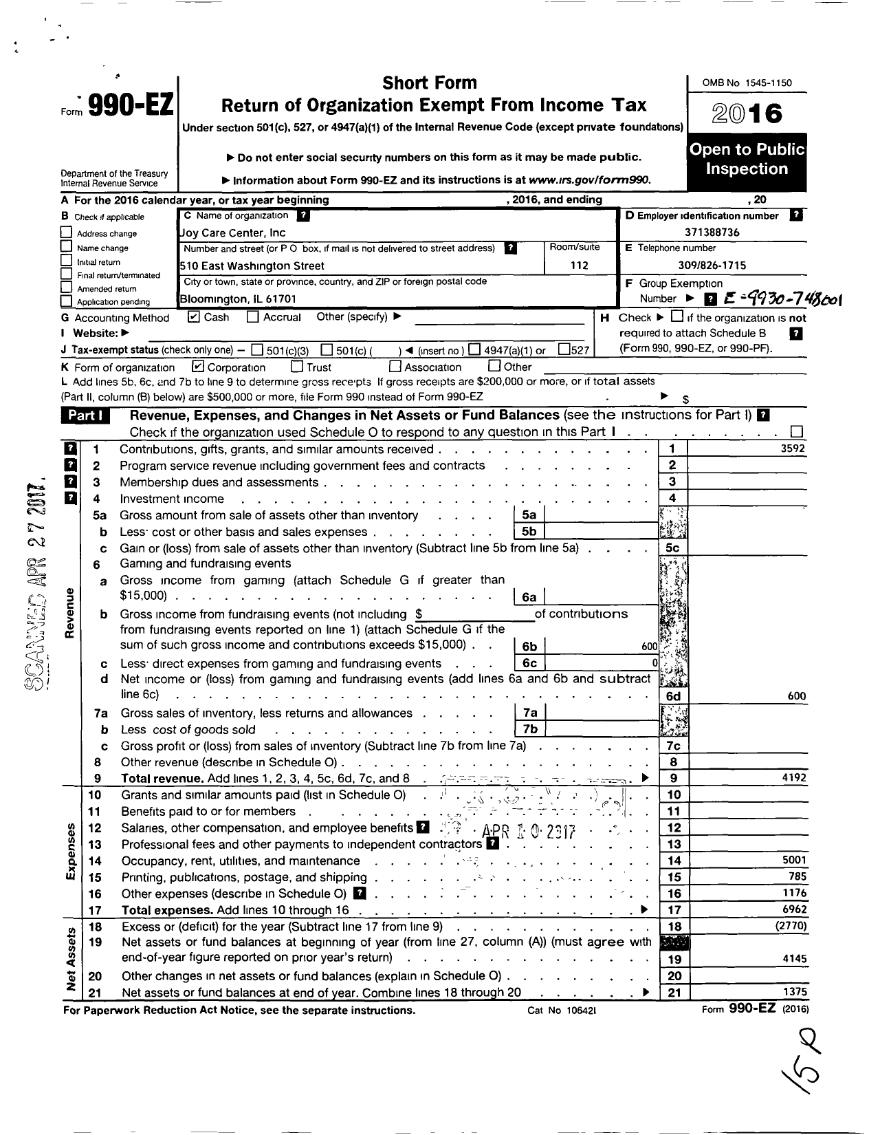 Image of first page of 2016 Form 990EO for Joy Care Center