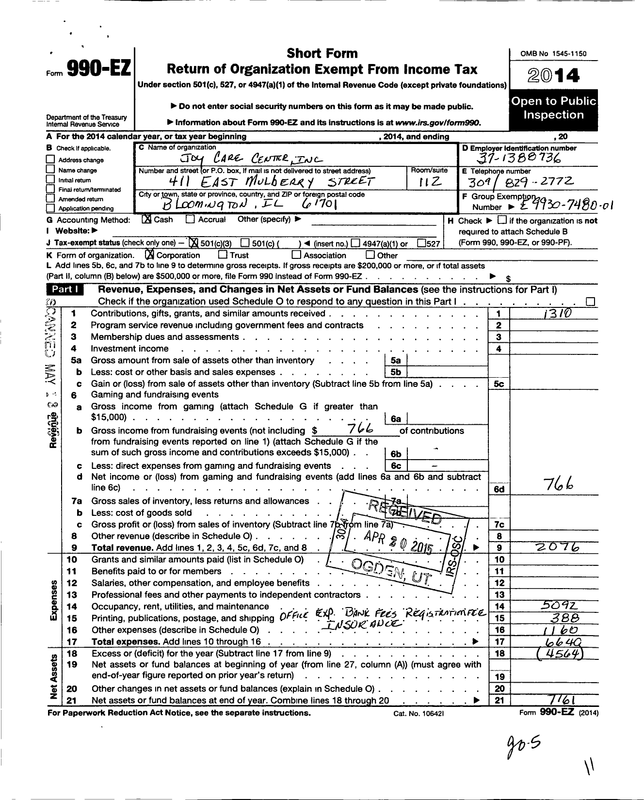 Image of first page of 2014 Form 990EZ for Joy Care Center