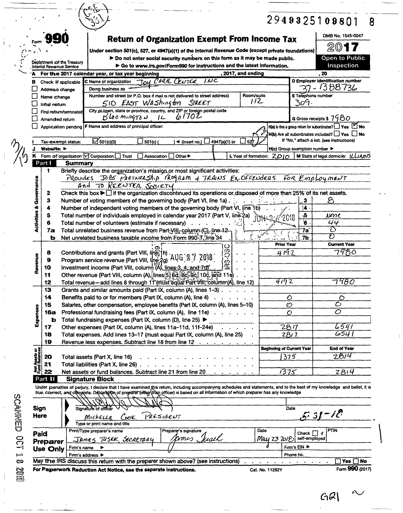 Image of first page of 2017 Form 990 for Joy Care Center