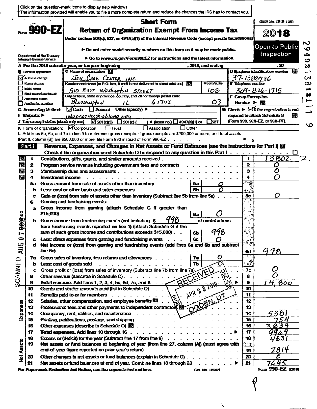 Image of first page of 2018 Form 990EZ for Joy Care Center