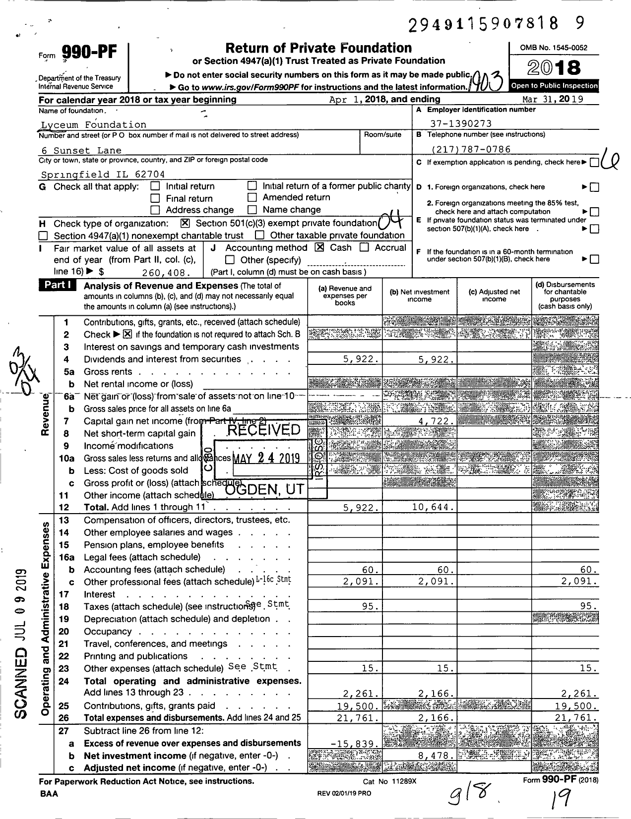 Image of first page of 2018 Form 990PF for The Lyceum Foundation