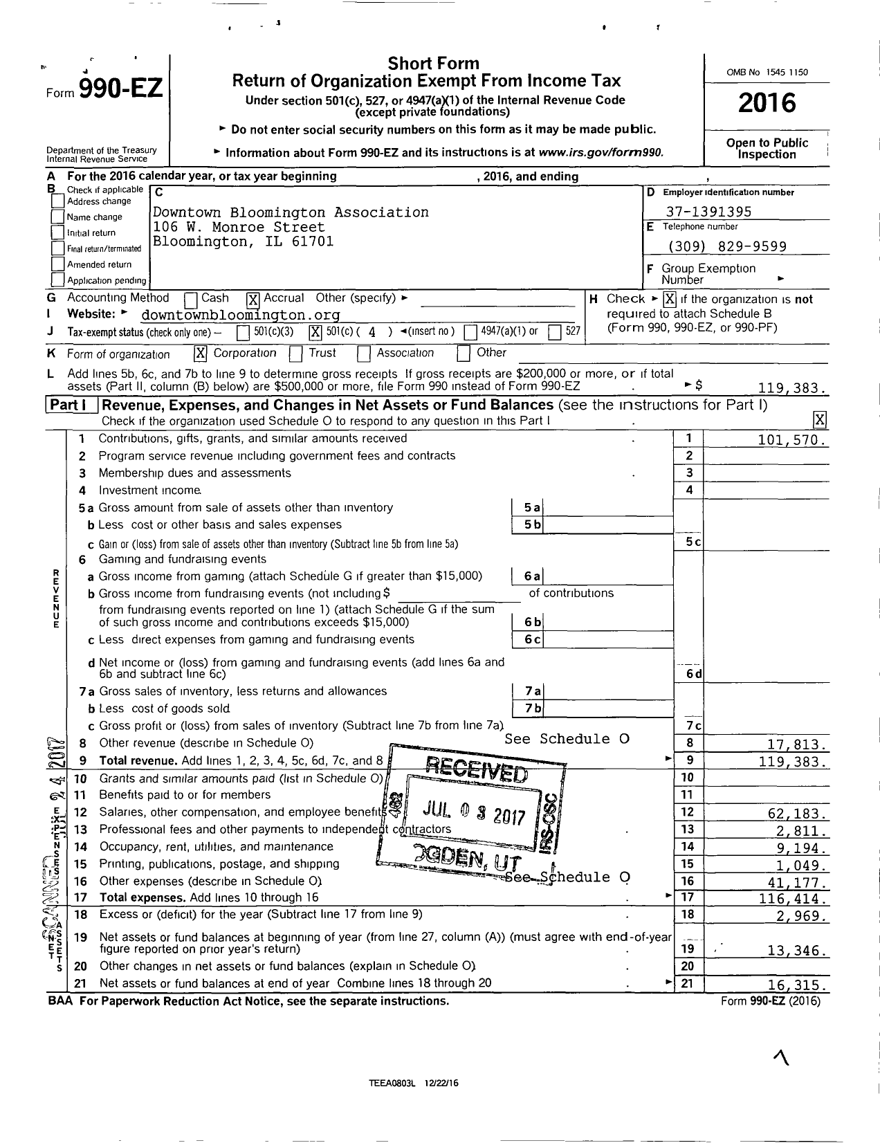 Image of first page of 2016 Form 990EO for Downtown Bloomington Association