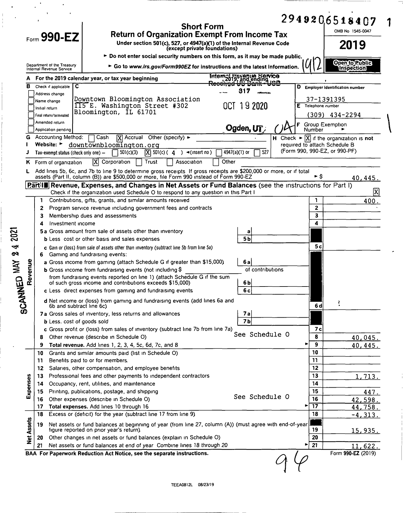 Image of first page of 2019 Form 990EO for Downtown Bloomington Association