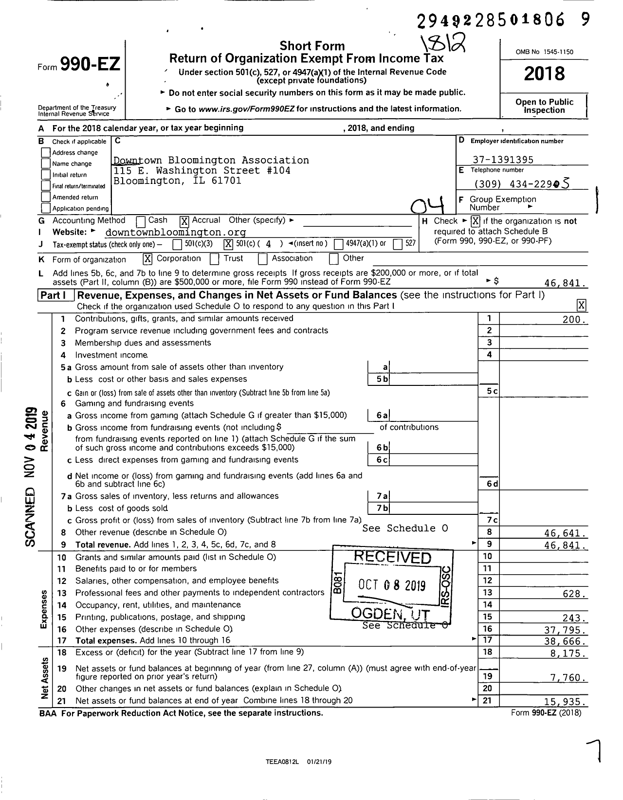 Image of first page of 2018 Form 990EO for Downtown Bloomington Association