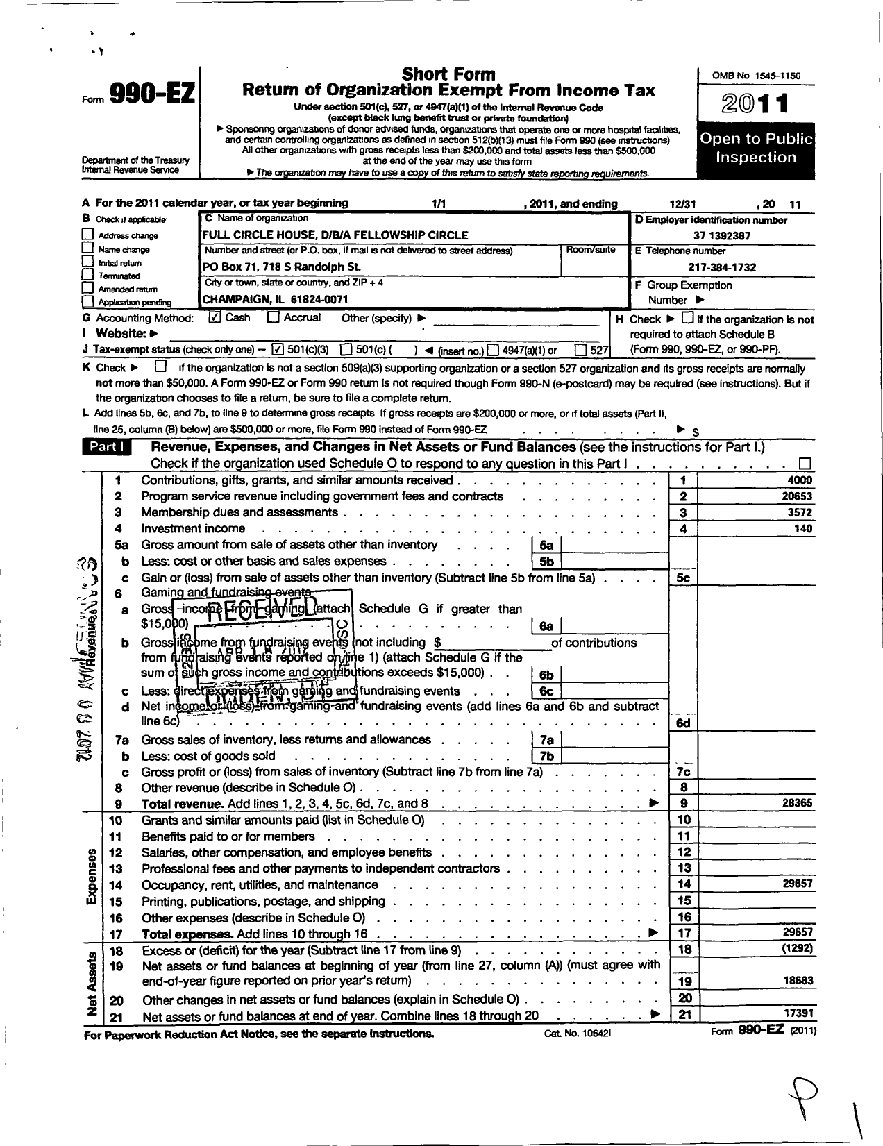 Image of first page of 2011 Form 990EZ for Full Circle House