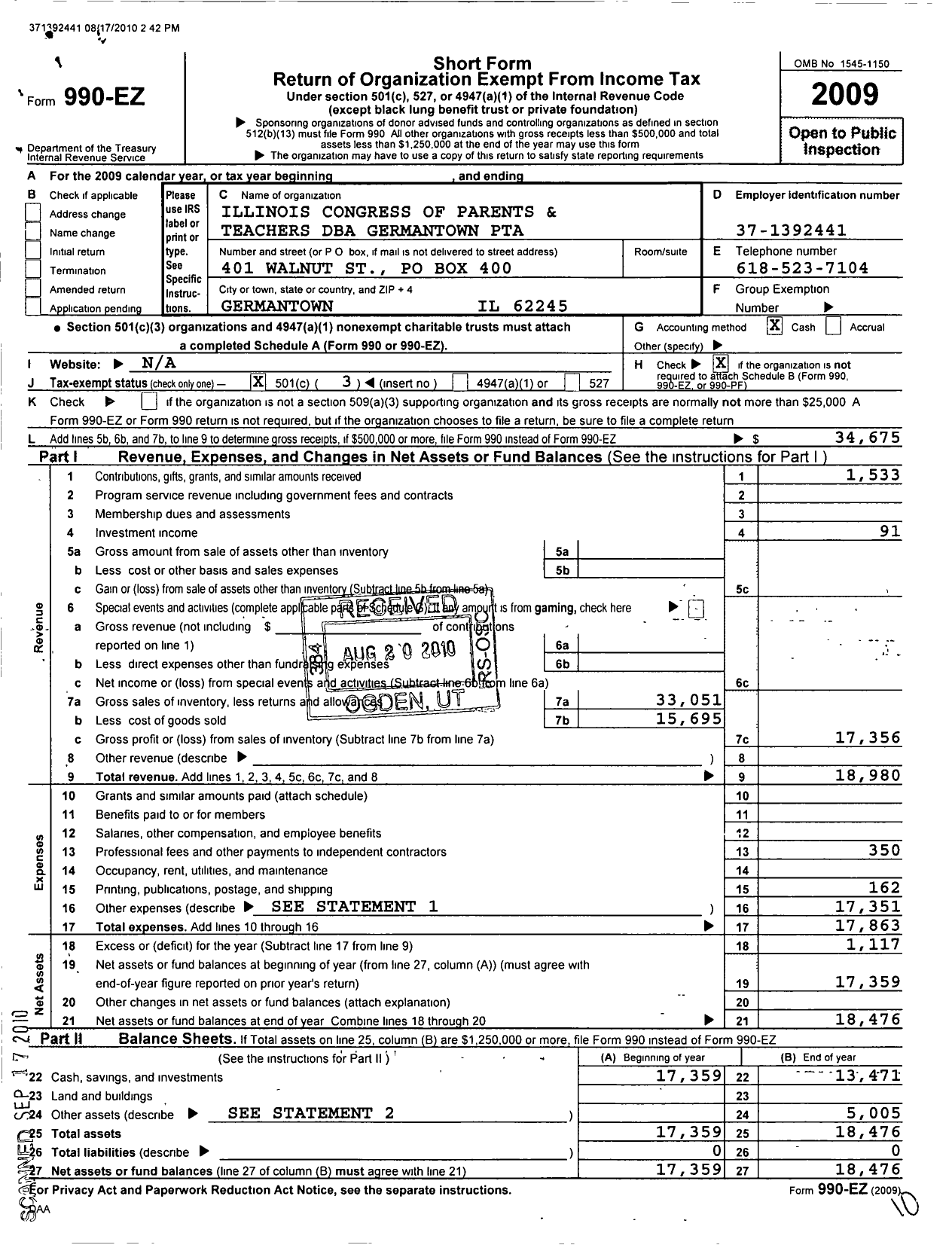 Image of first page of 2009 Form 990EZ for Illinois PTA - Germantown PTA