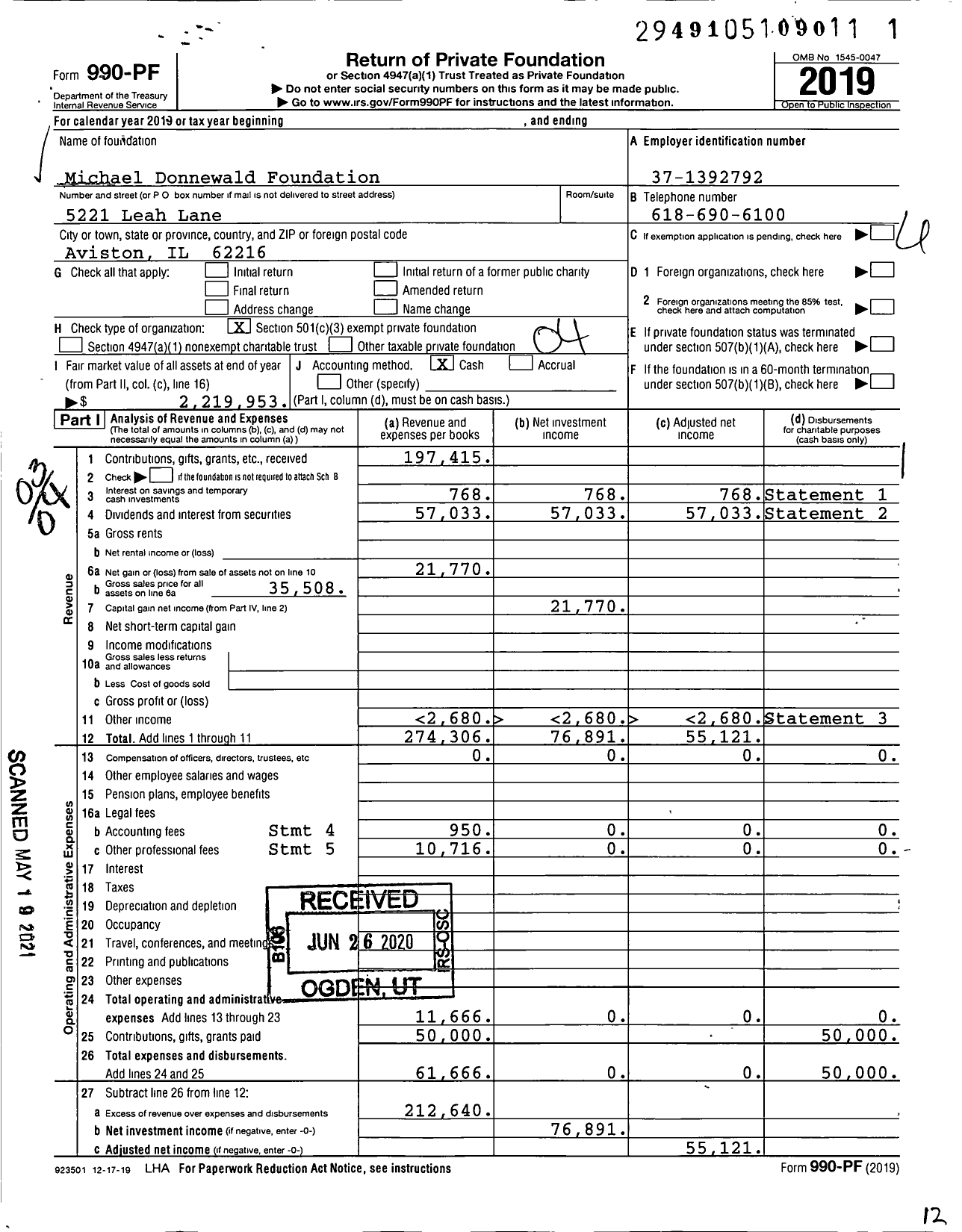 Image of first page of 2019 Form 990PF for Michael Donnewald Foundation