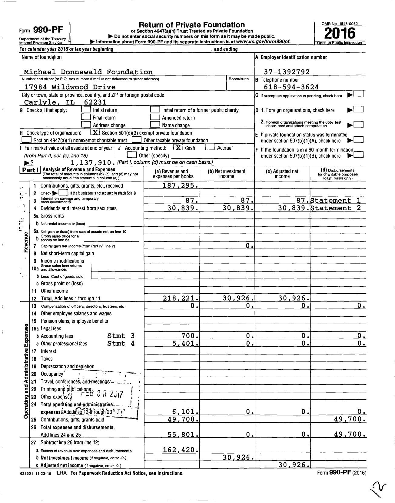 Image of first page of 2016 Form 990PF for Michael Donnewald Foundation