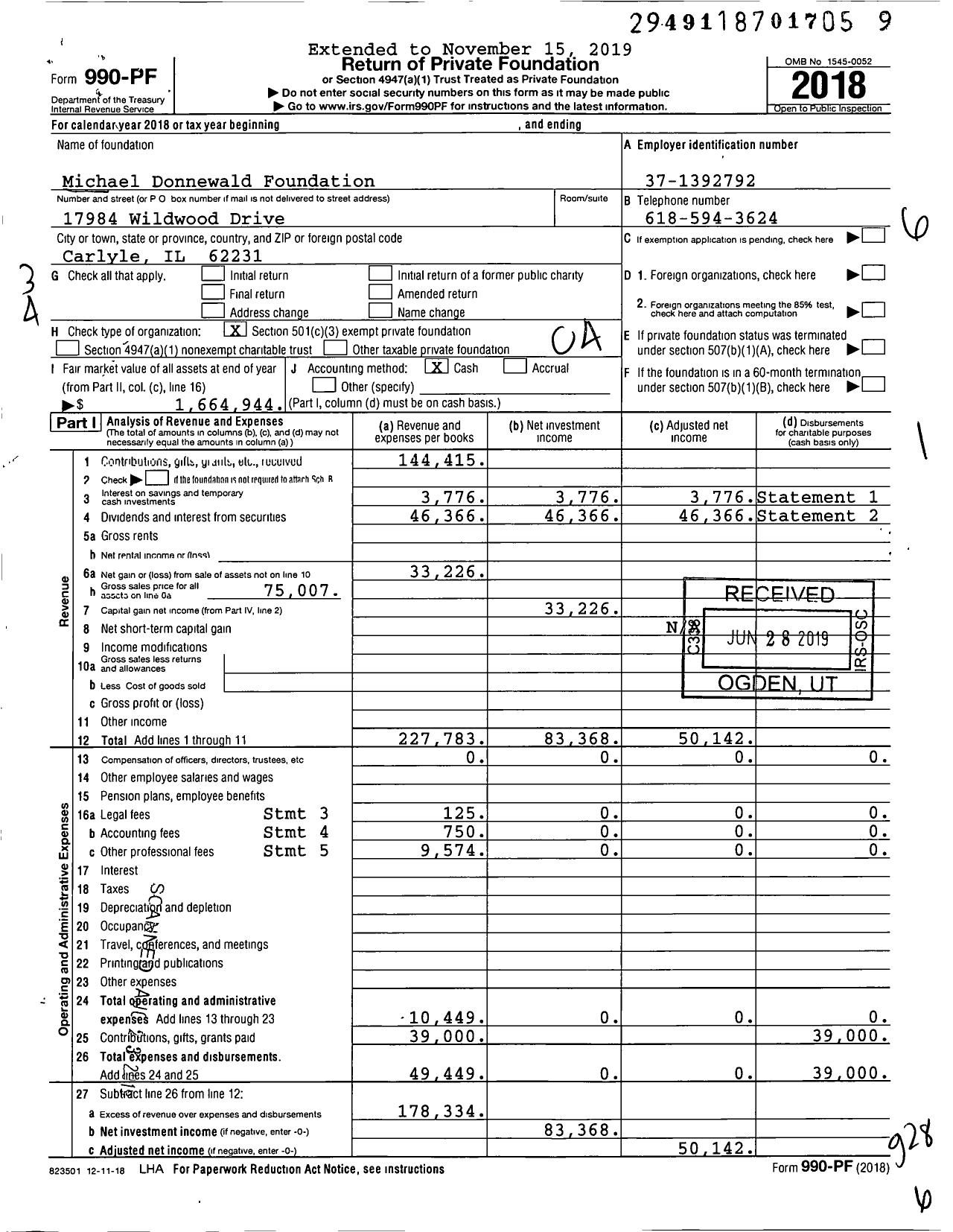 Image of first page of 2018 Form 990PF for Michael Donnewald Foundation