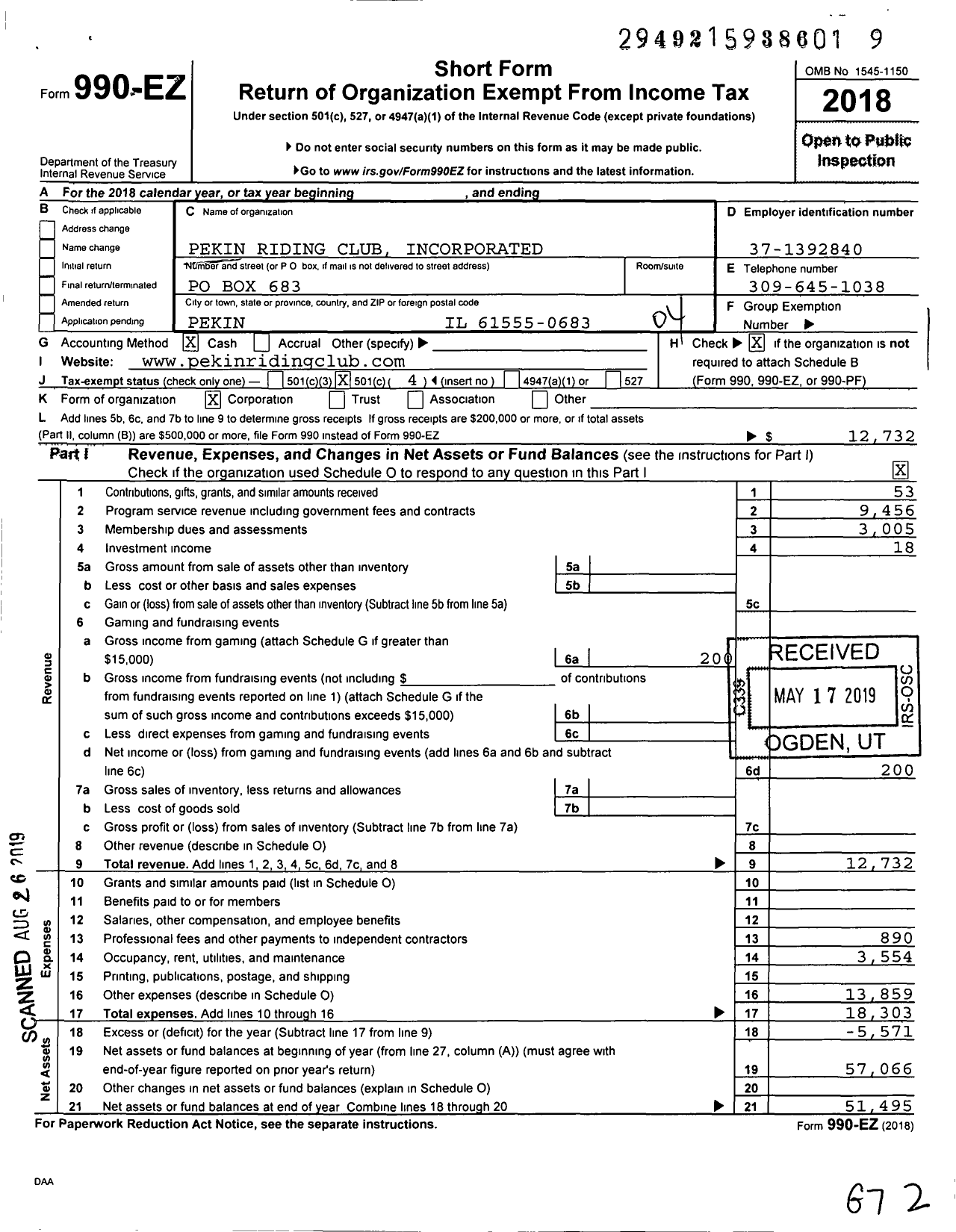 Image of first page of 2018 Form 990EO for Pekin Riding Club Incorporated