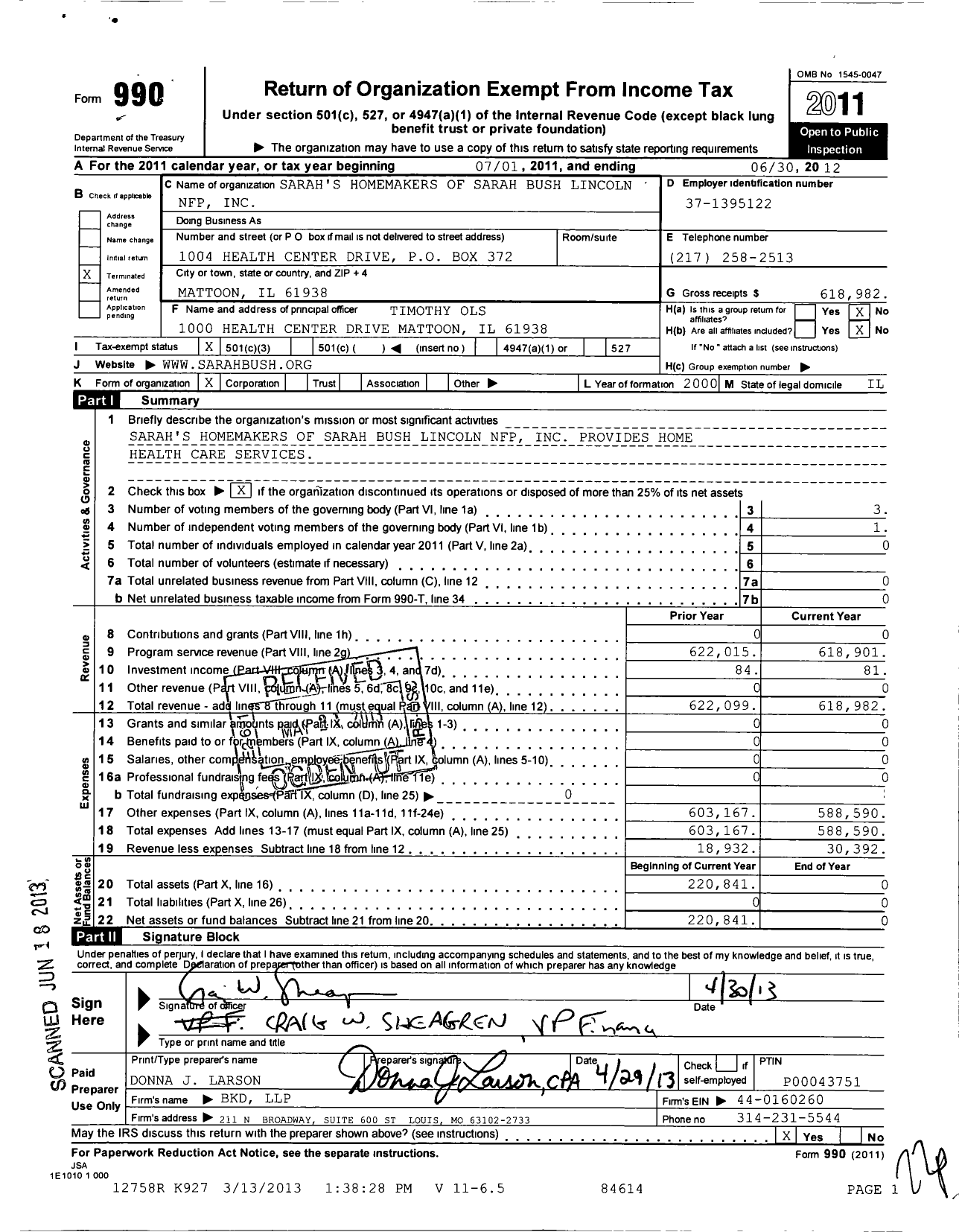 Image of first page of 2011 Form 990 for Sarahs Homemakers of Sarah Bush Lincoln NFP