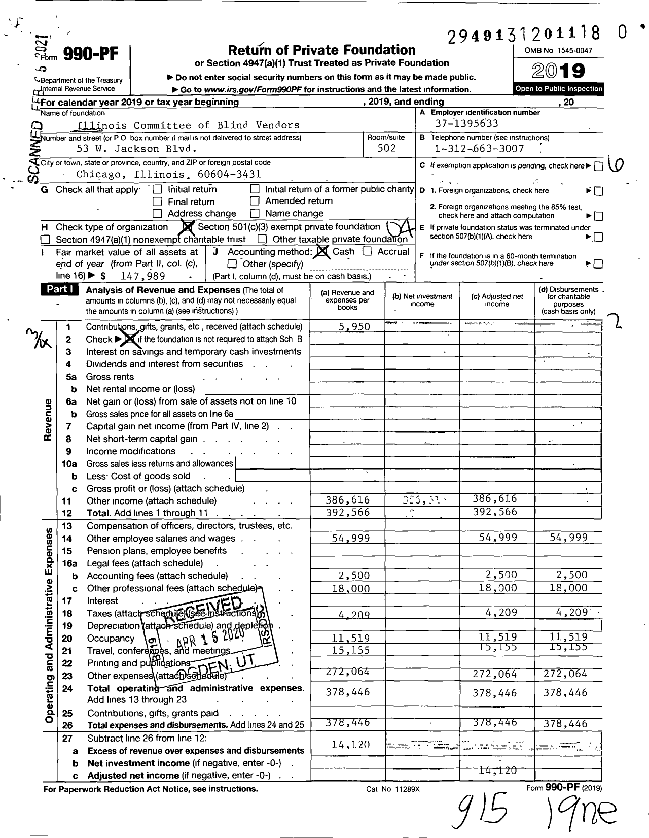 Image of first page of 2019 Form 990PF for Illinois Committee of Blind Vendors