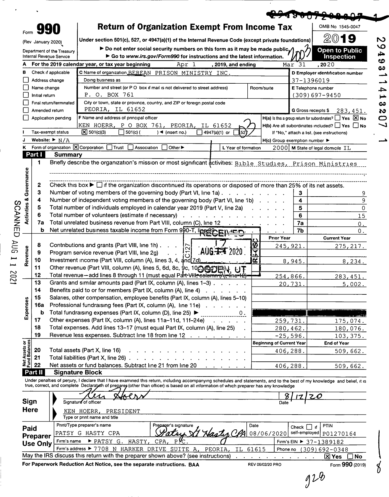 Image of first page of 2019 Form 990 for Berean Prison Ministry