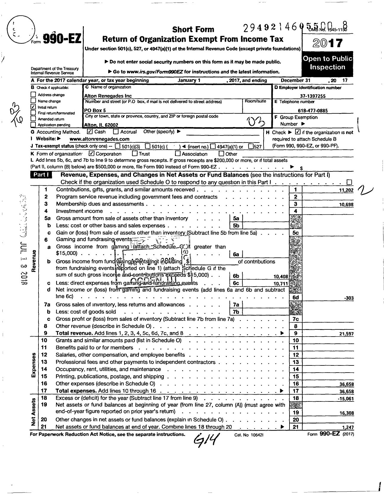 Image of first page of 2017 Form 990EZ for Alton Renegades