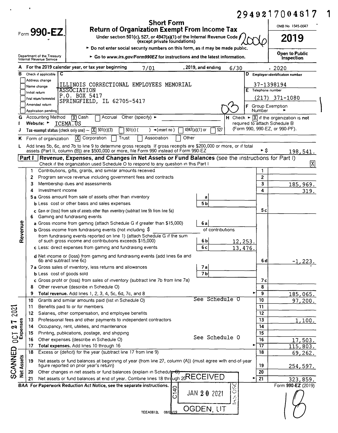 Image of first page of 2019 Form 990EZ for Illinois Correctional Employees Memorial Association (ICEMA)