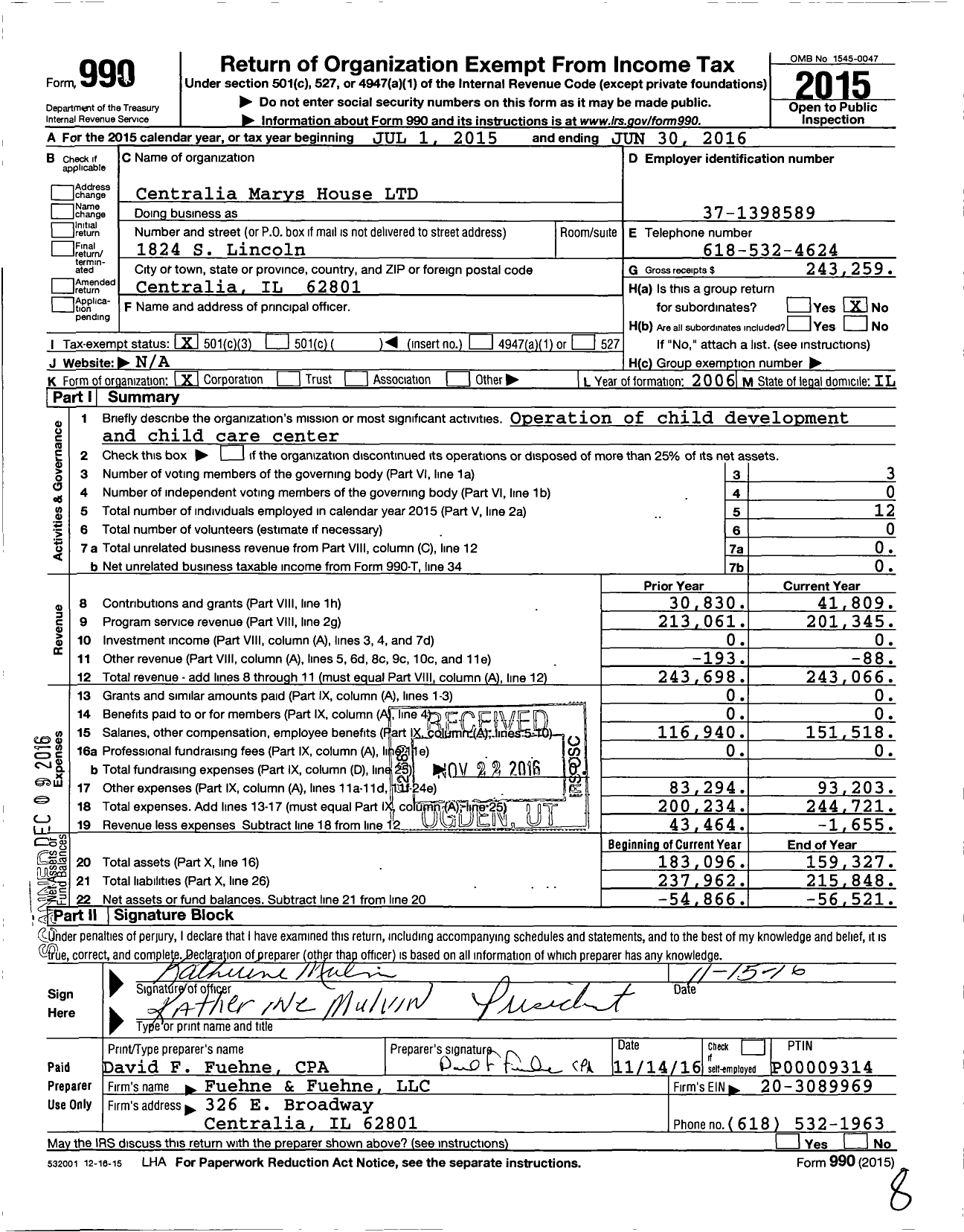 Image of first page of 2015 Form 990 for Centralia Marys House
