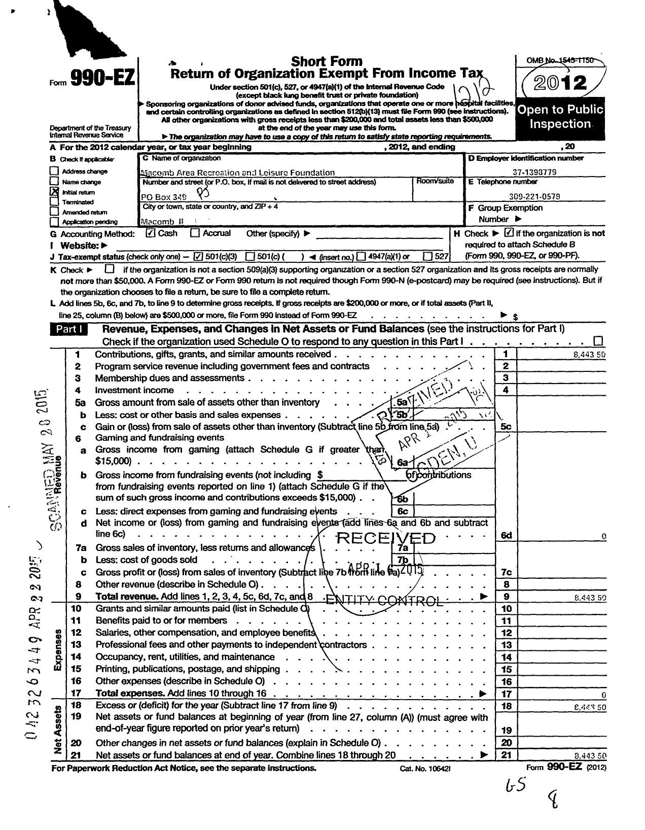 Image of first page of 2012 Form 990EZ for Macomb Area Recreation and Leisure Foundation