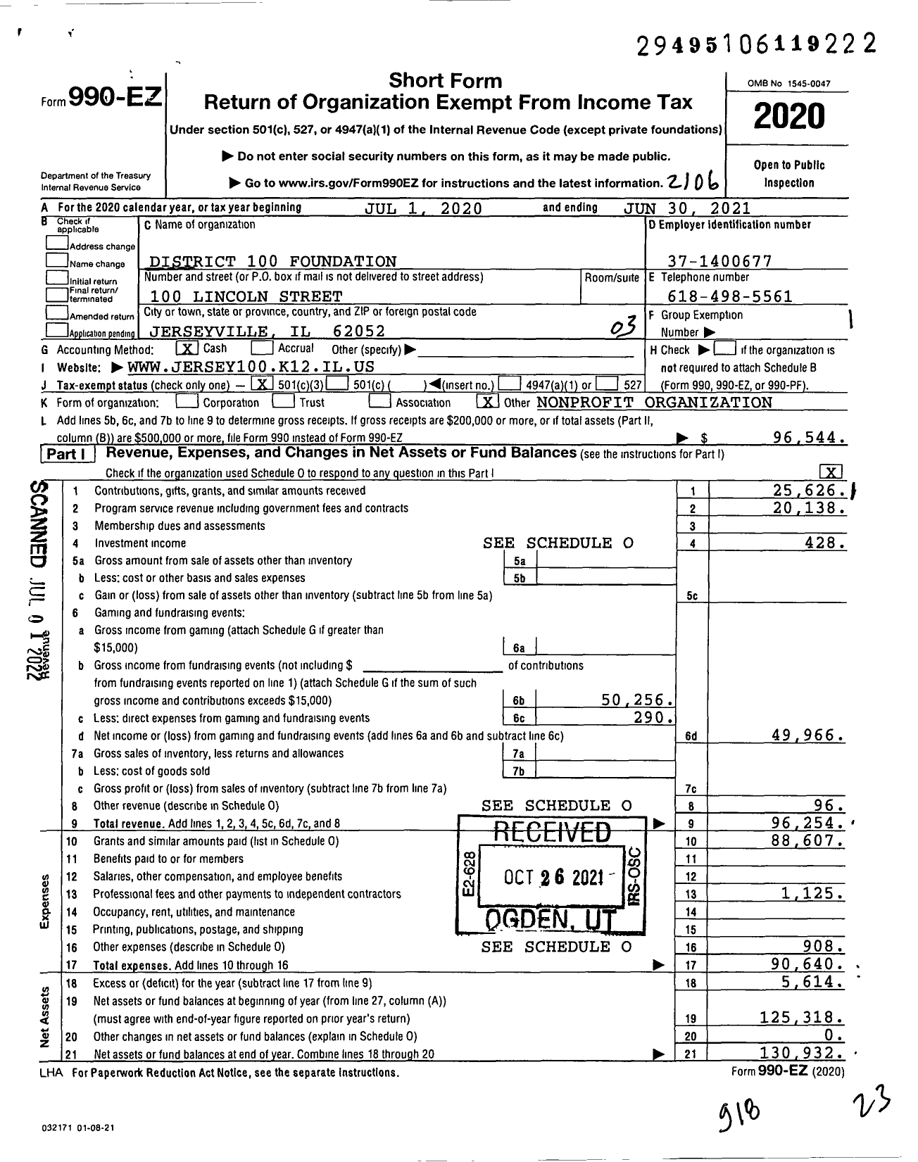 Image of first page of 2020 Form 990EZ for District 100 Foundation