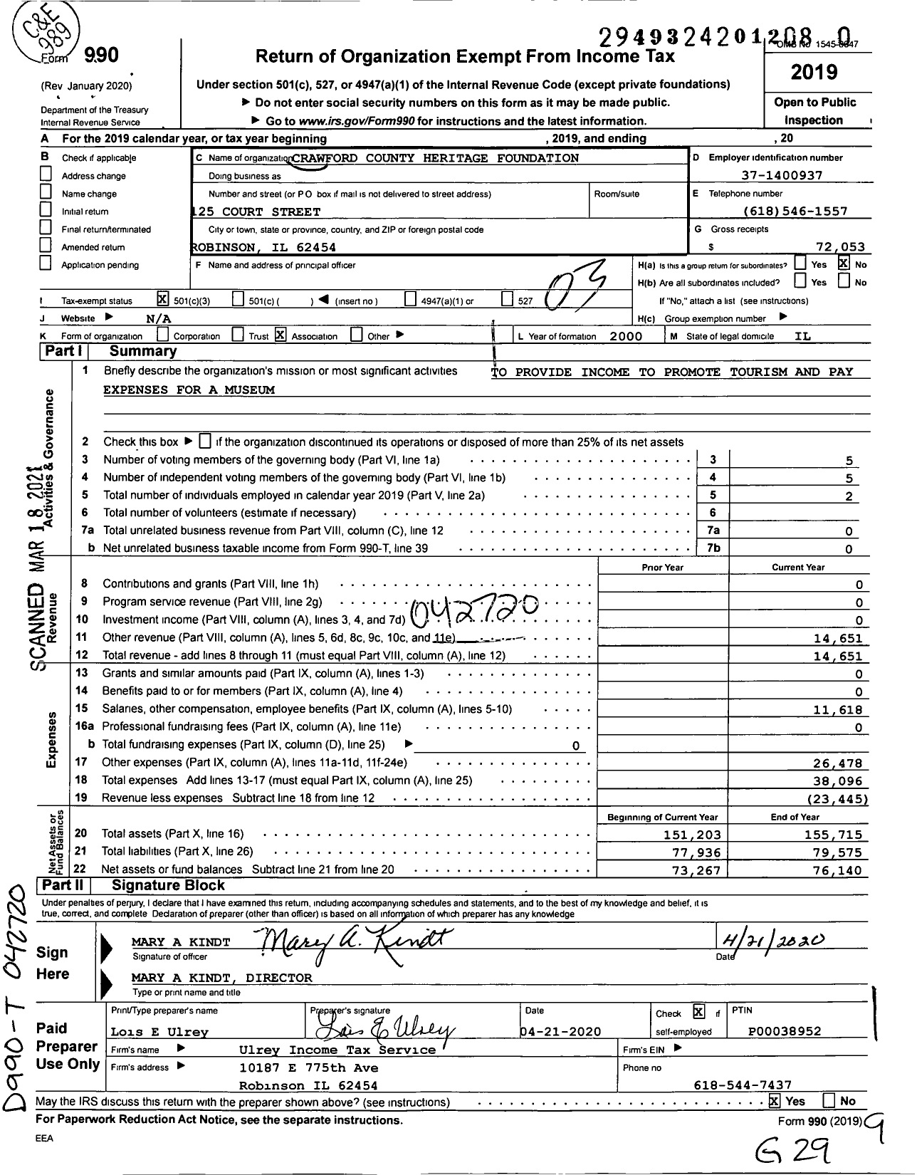 Image of first page of 2019 Form 990 for Crawford County Heritage Foundation
