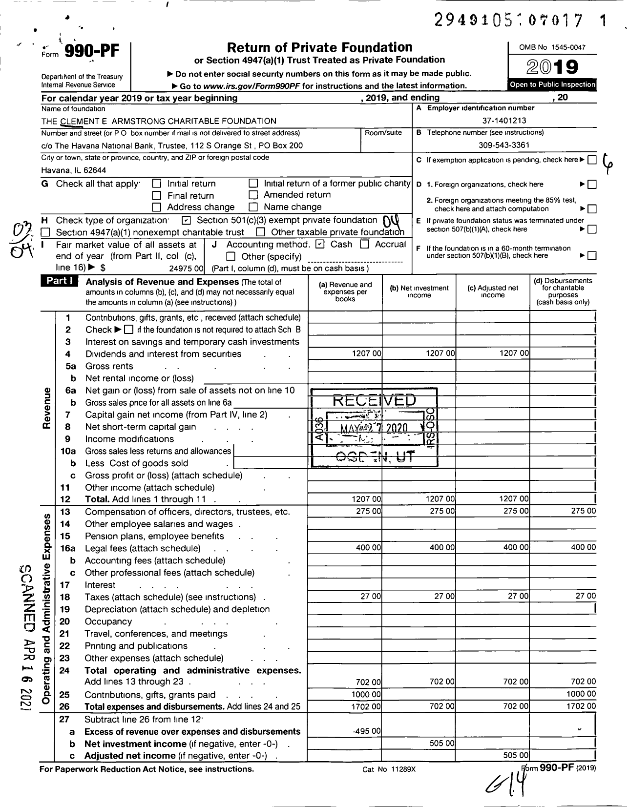 Image of first page of 2019 Form 990PF for The Clement E Armstrong Charitable Foundation