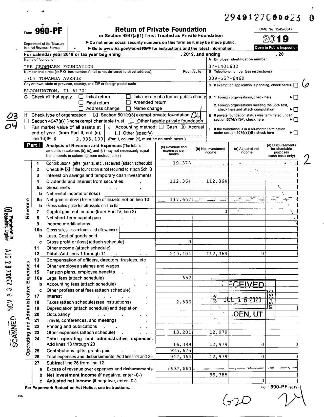 Image of first page of 2019 Form 990PF for The Growmark Foundation
