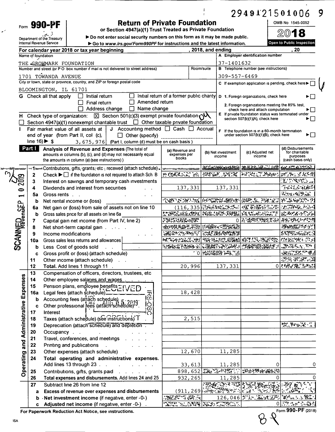 Image of first page of 2018 Form 990PF for The Growmark Foundation