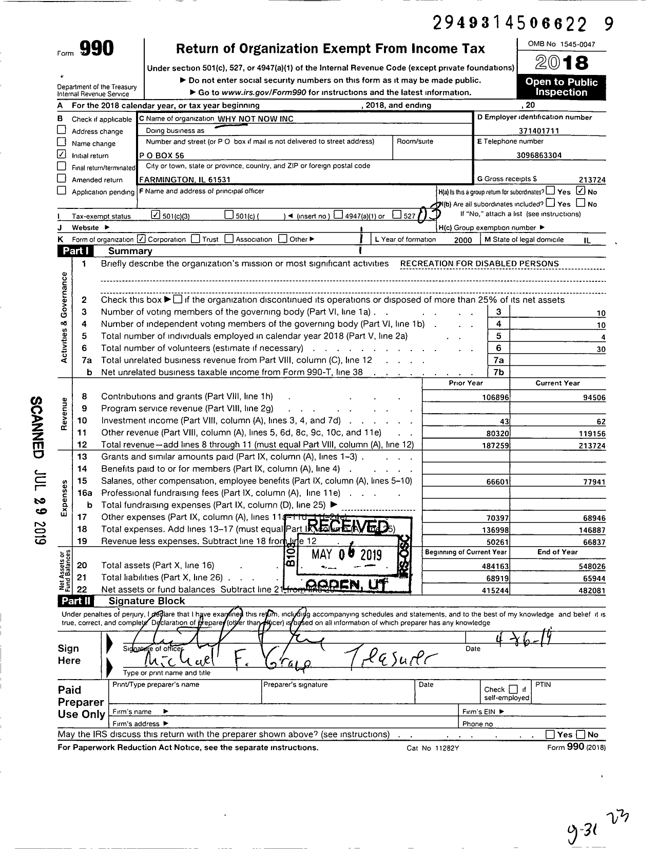 Image of first page of 2018 Form 990 for Why Not Now