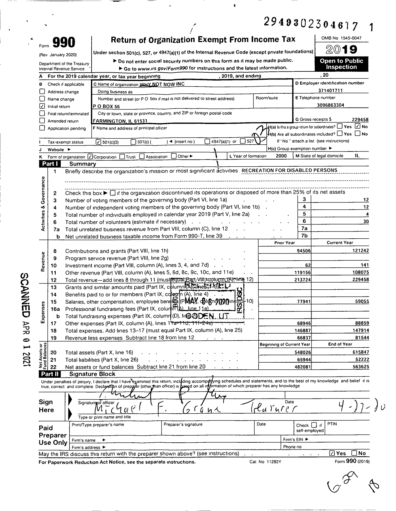 Image of first page of 2019 Form 990 for Why Not Now