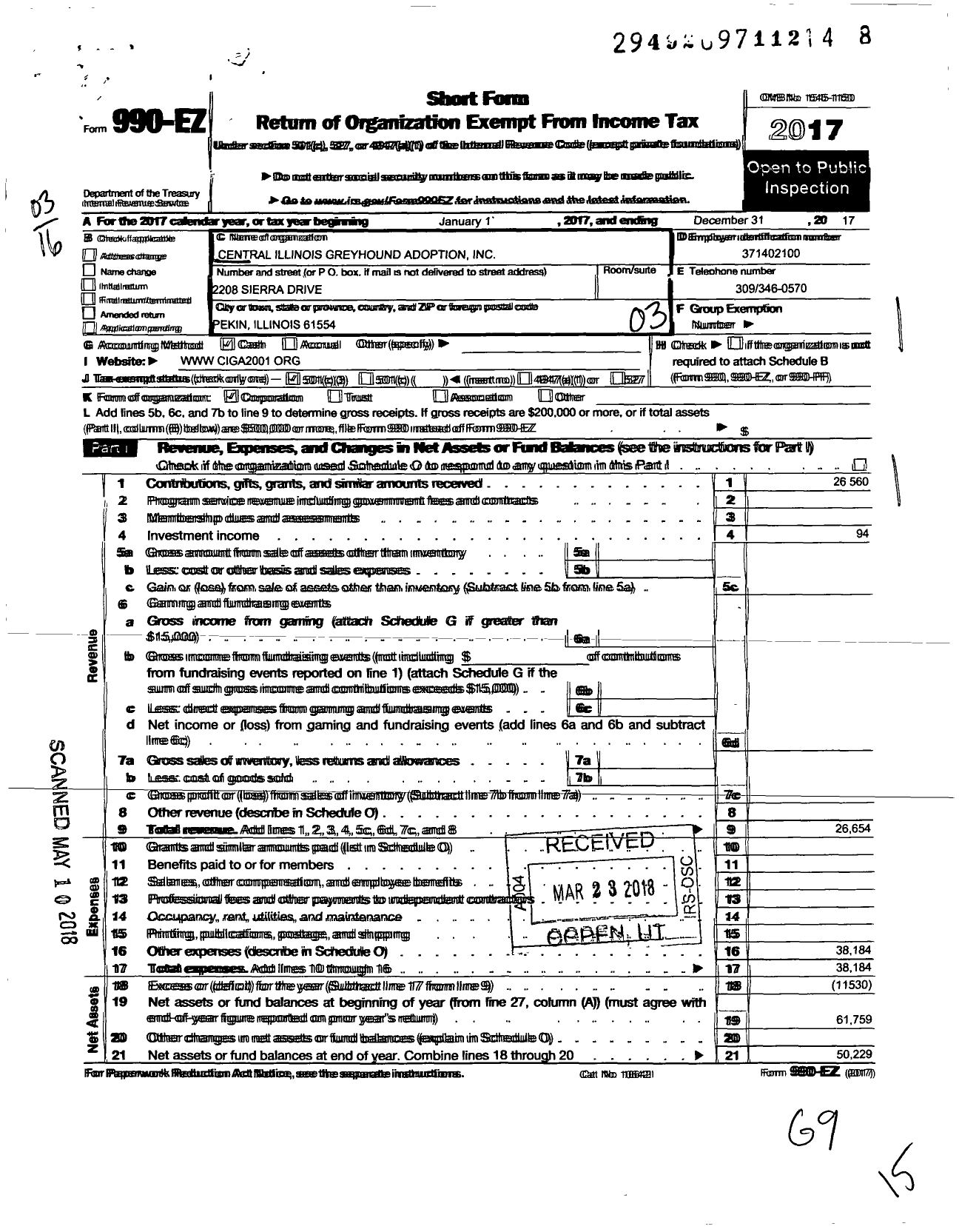 Image of first page of 2017 Form 990EZ for Central Illinois Greyhound Adoption