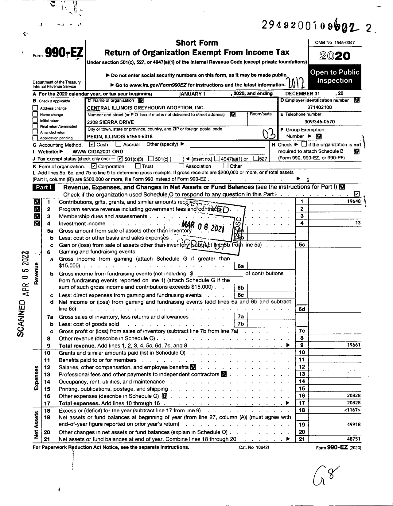 Image of first page of 2020 Form 990EZ for Central Illinois Greyhound Adoption