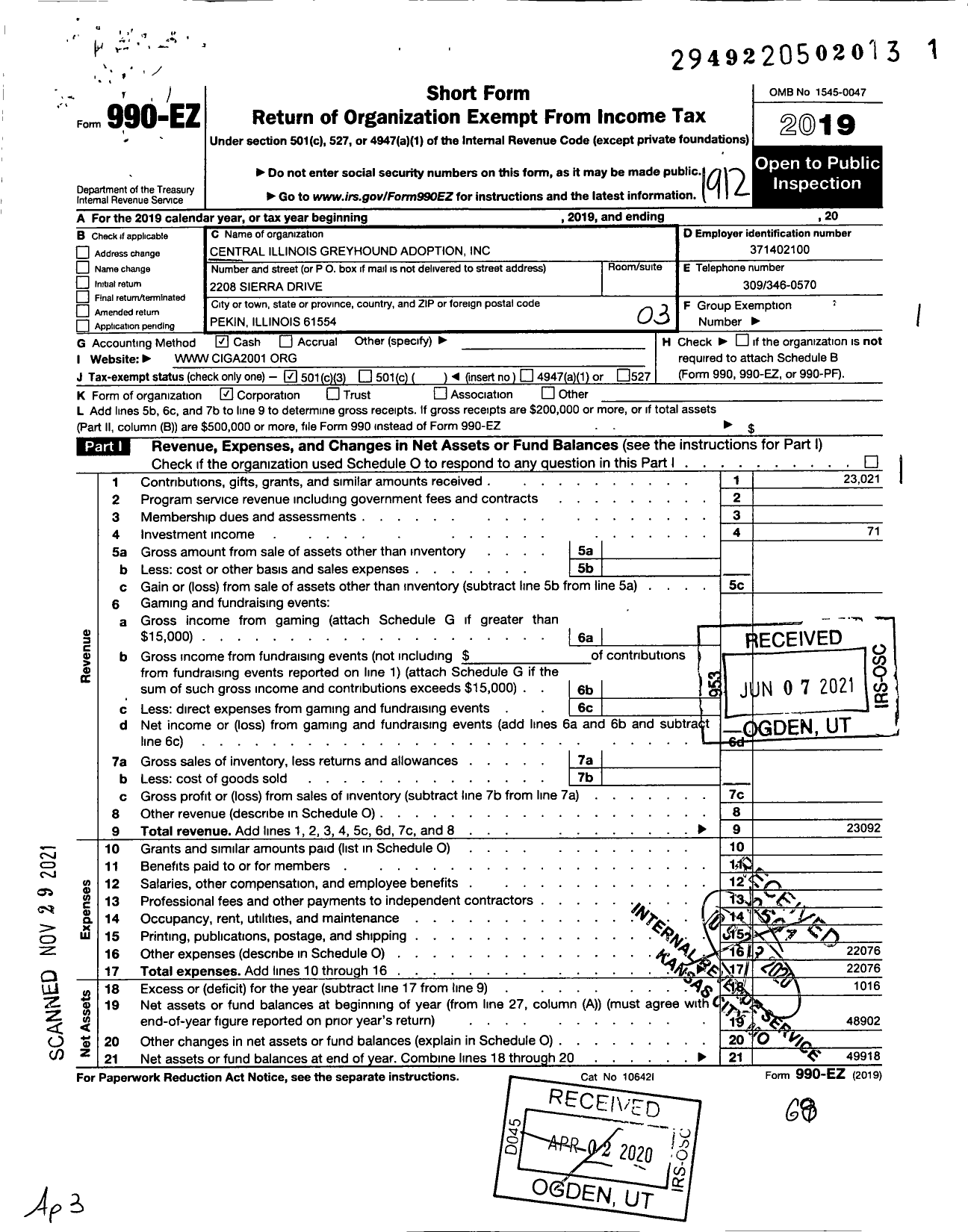 Image of first page of 2019 Form 990EZ for Central Illinois Greyhound Adoption