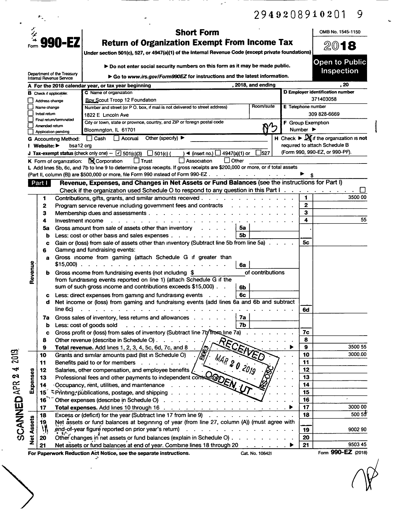 Image of first page of 2018 Form 990EZ for Boy Scout Troop 12 Sponsoring Foundation