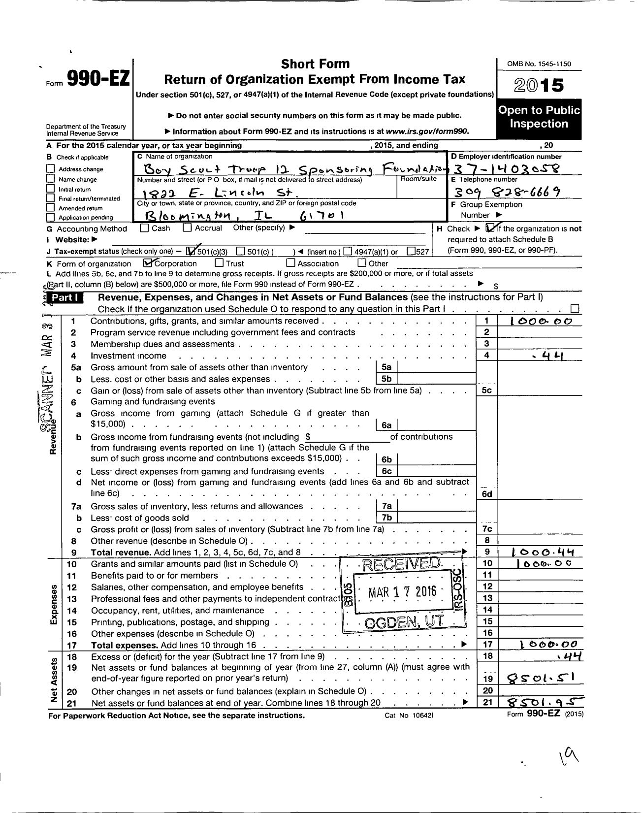 Image of first page of 2015 Form 990EZ for Boy Scout Troop 12 Sponsoring Foundation