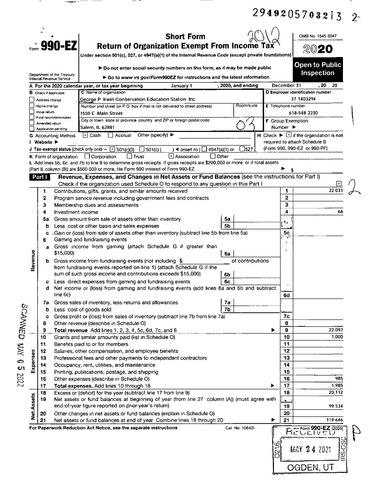 Image of first page of 2020 Form 990EZ for George P Irwin Conservation Education Station