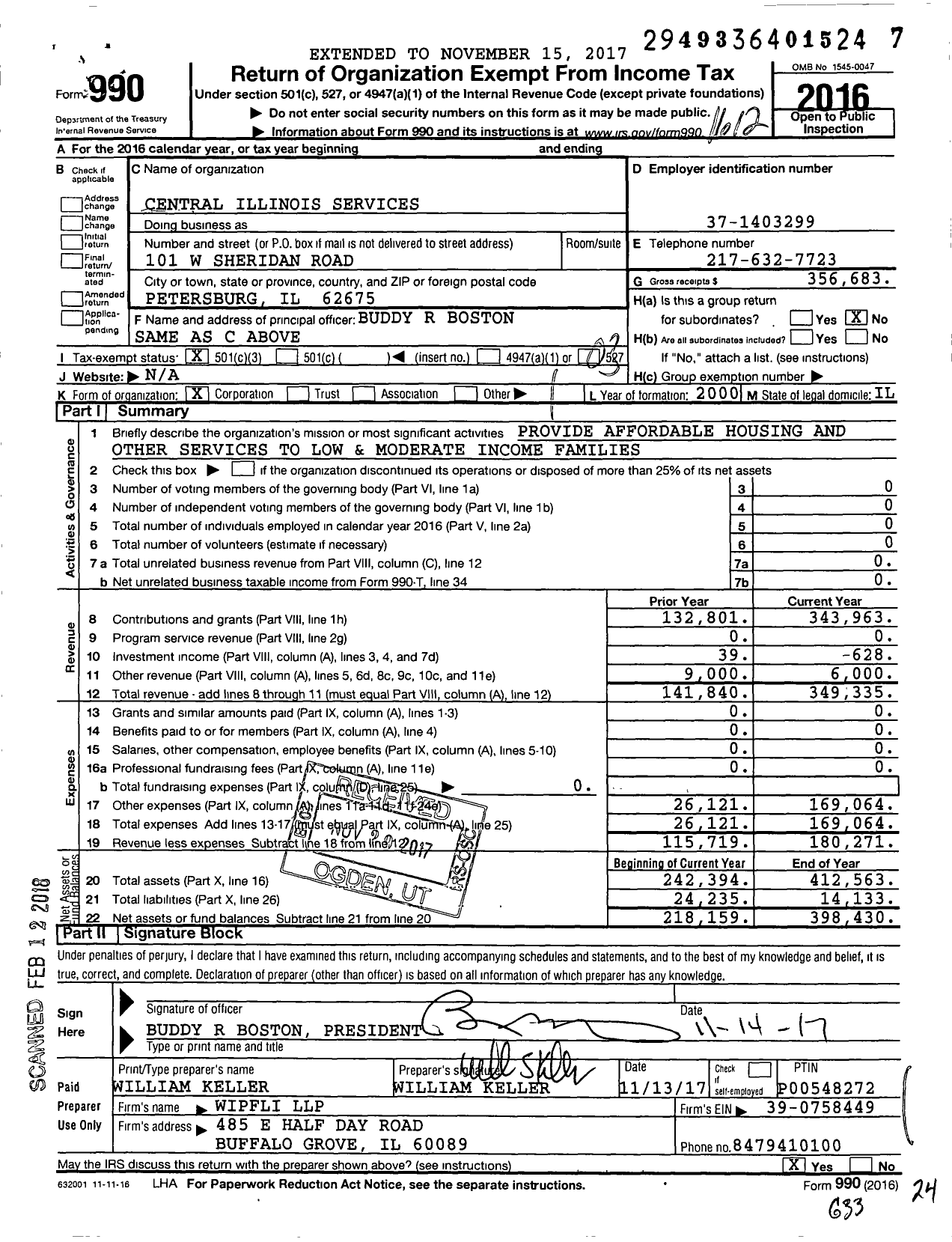 Image of first page of 2016 Form 990 for Central Illinois Services