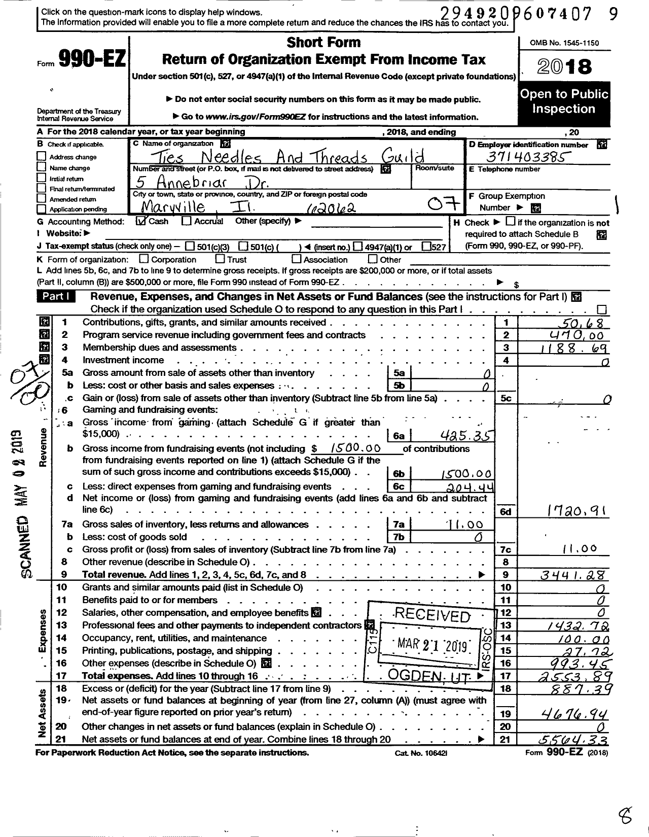 Image of first page of 2018 Form 990EO for Ties Needles and Threads Guild