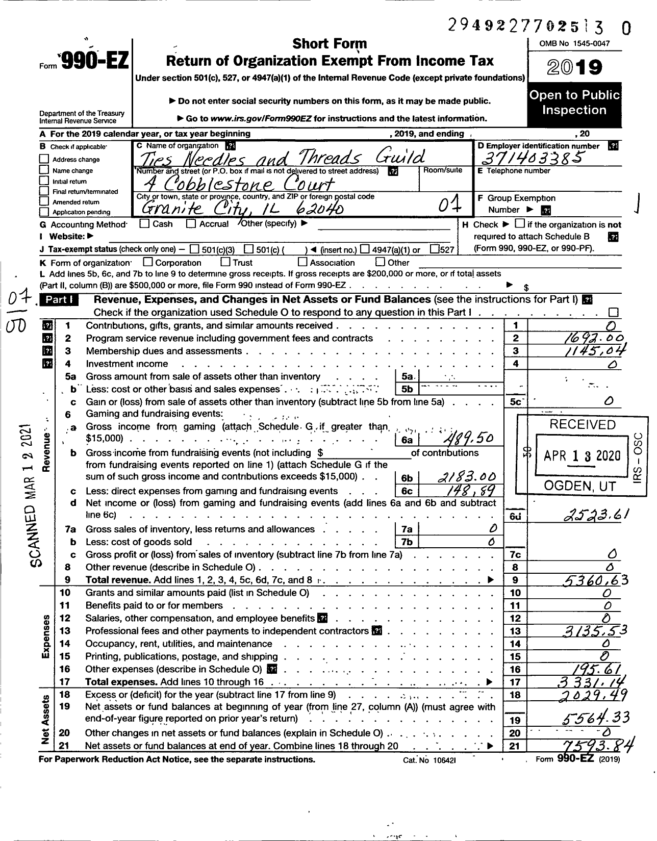 Image of first page of 2019 Form 990EO for Ties Needles and Threads Guild