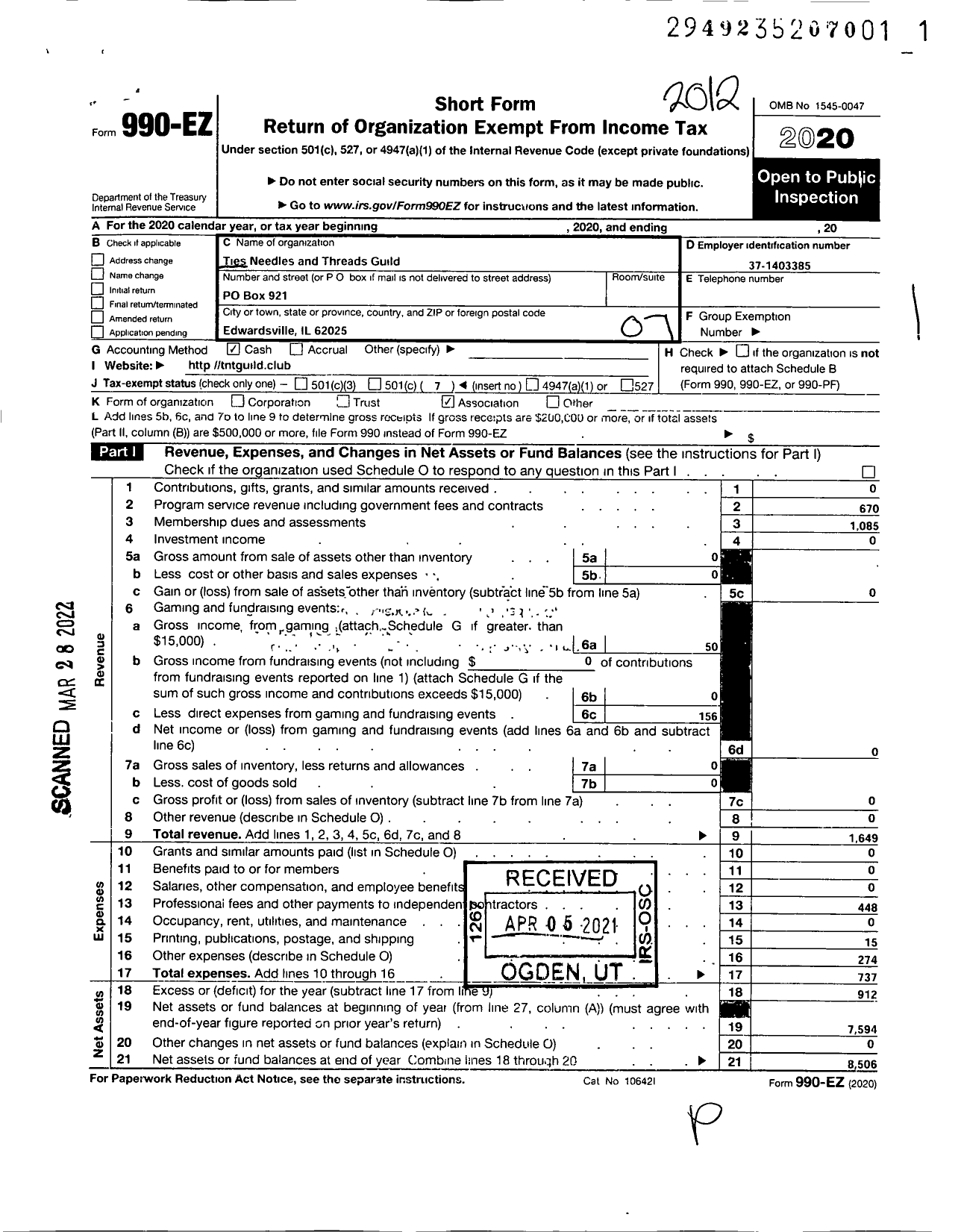 Image of first page of 2020 Form 990EO for Ties Needles and Threads Guild