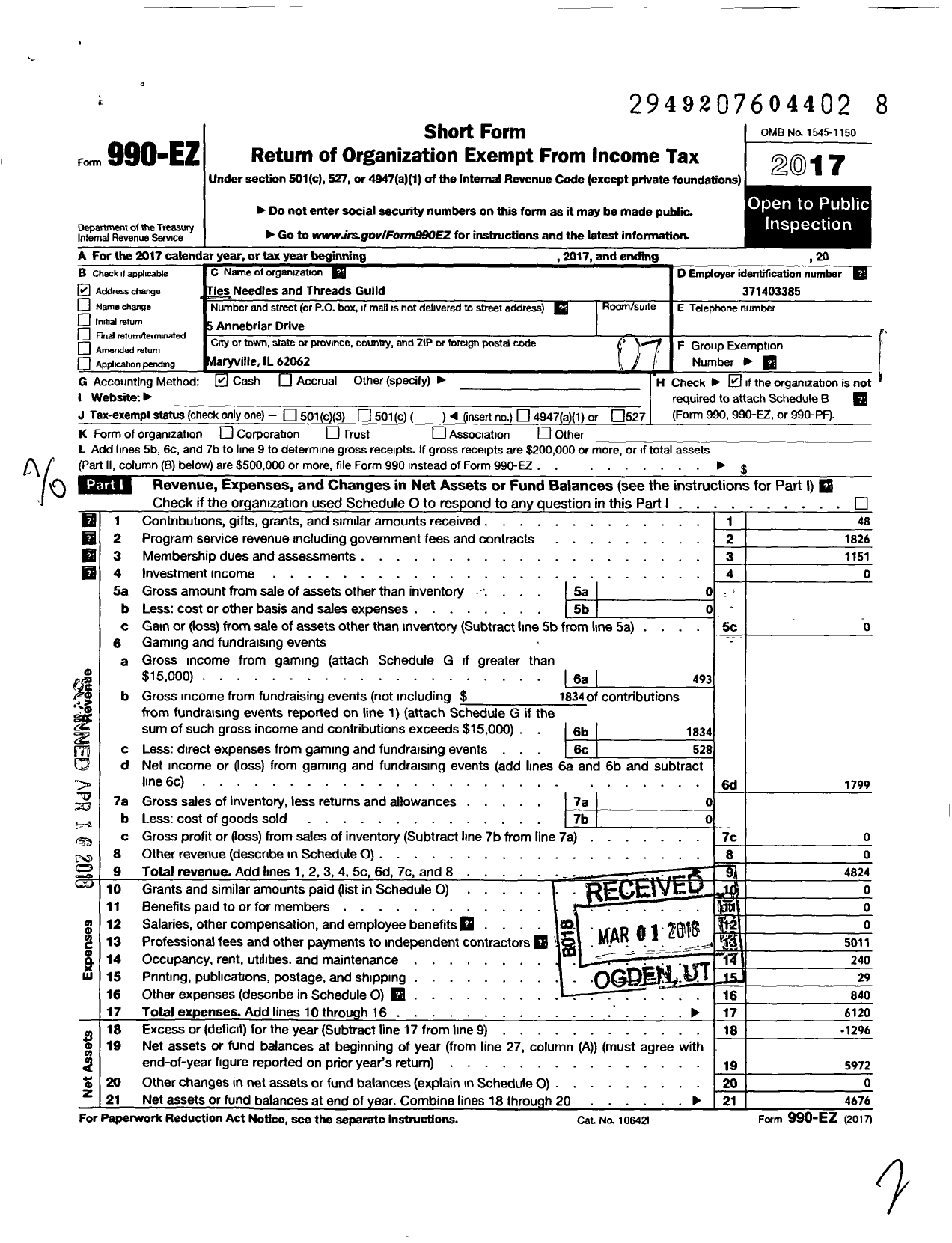 Image of first page of 2017 Form 990EO for Ties Needles and Threads Guild