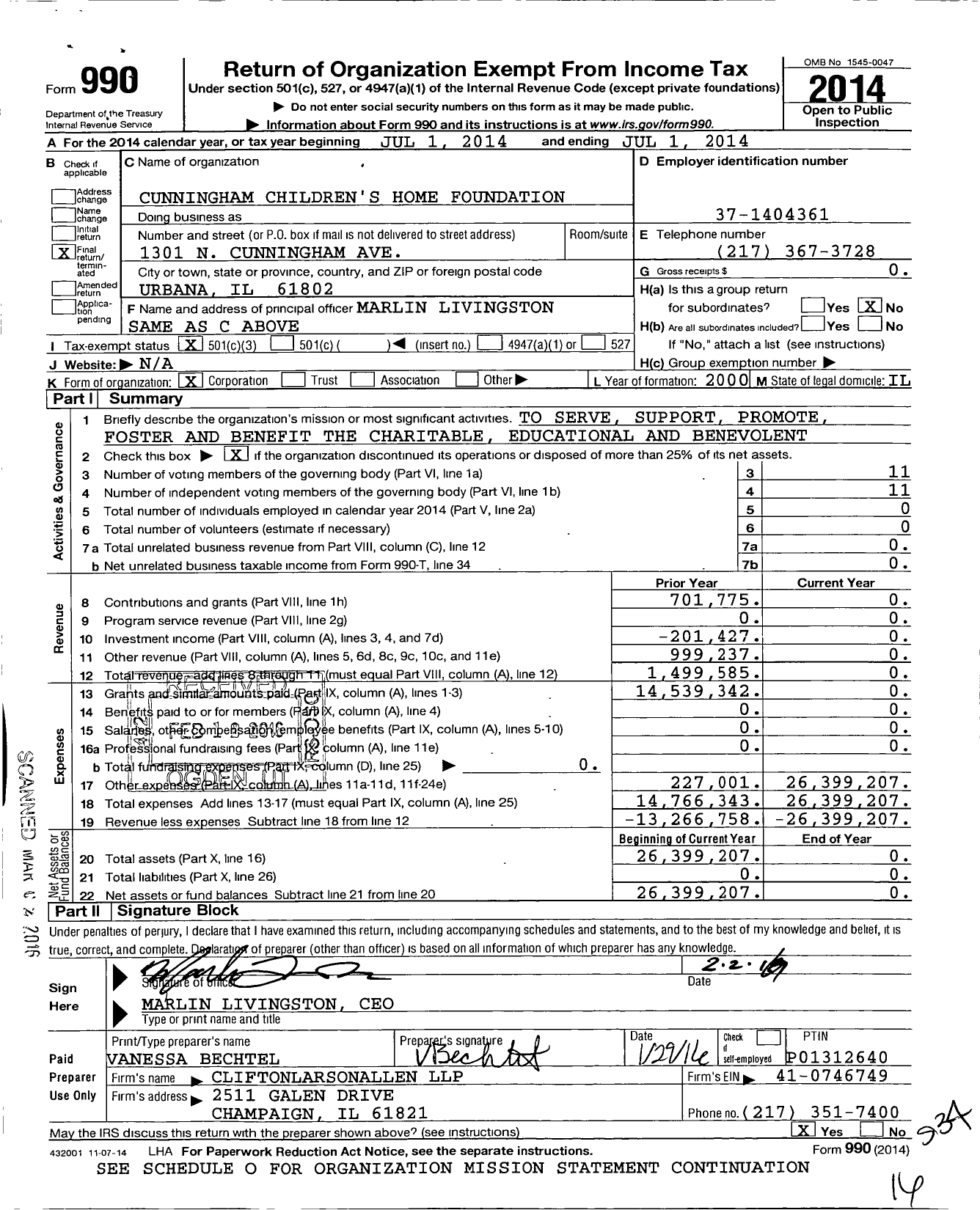 Image of first page of 2013 Form 990 for Cunningham Children's Home Foundation