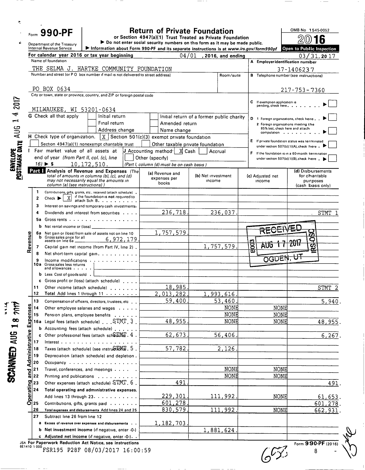 Image of first page of 2016 Form 990PF for The Selma J Hartke Community Foundation