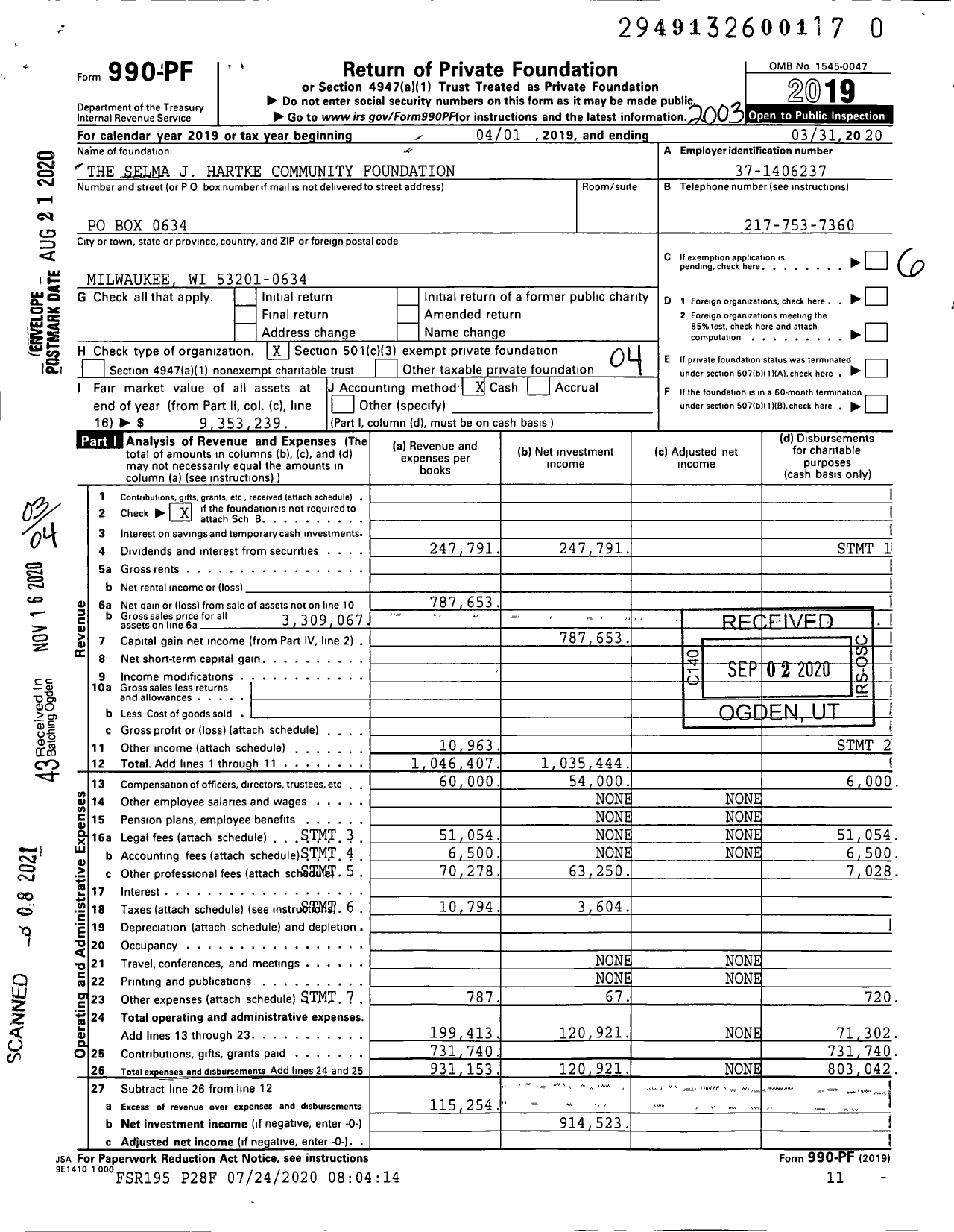Image of first page of 2019 Form 990PF for The Selma J Hartke Community Foundation