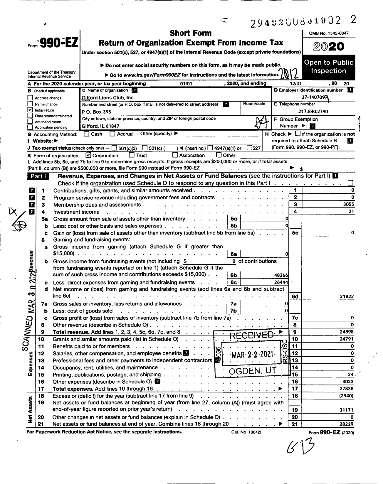 Image of first page of 2020 Form 990EO for Lions Clubs - 304 Gifford