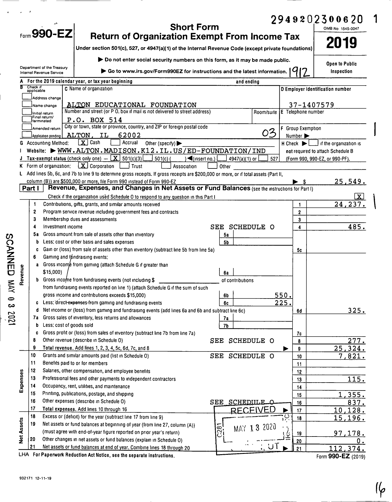 Image of first page of 2019 Form 990EZ for Alton Educational Foundation